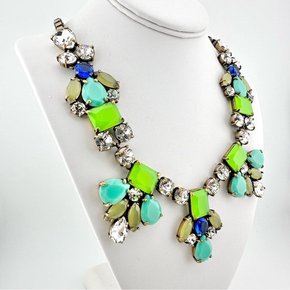 J Crew Necklace, Statement with Lime Green and Turquoise Rhinestones - Picture 5 of 9